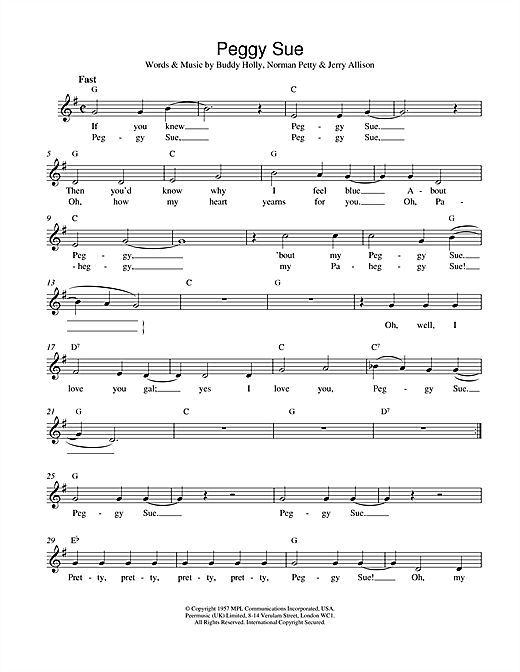 Preview Buddy Holly Peggy Sue Rock N Roll sheet music, notes and chords for Melody Line, Lyrics & Chords, SKU: 14549 sheet music, piano notes, chords, guitar tabs, score, transpose, transcribe, how to play, guide, download, learn, tutorial, progression, song, artist, awards, billboard, mtv, vh1, tour, single, album, release