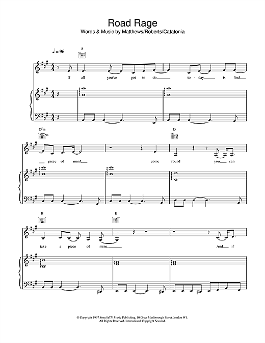 Preview Catatonia Road Rage Pop sheet music, notes and chords for Piano, Vocal & Guitar, SKU: 14552 sheet music, piano notes, chords, guitar tabs, score, transpose, transcribe, how to play, guide, download, learn, tutorial, progression, song, artist, awards, billboard, mtv, vh1, tour, single, album, release