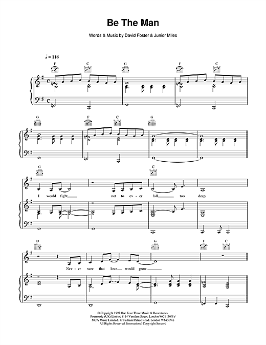 Preview Celine Dion Be The Man Pop sheet music, notes and chords for Piano, Vocal & Guitar (Right-Hand Melody), SKU: 14554 Be The Man sheet music