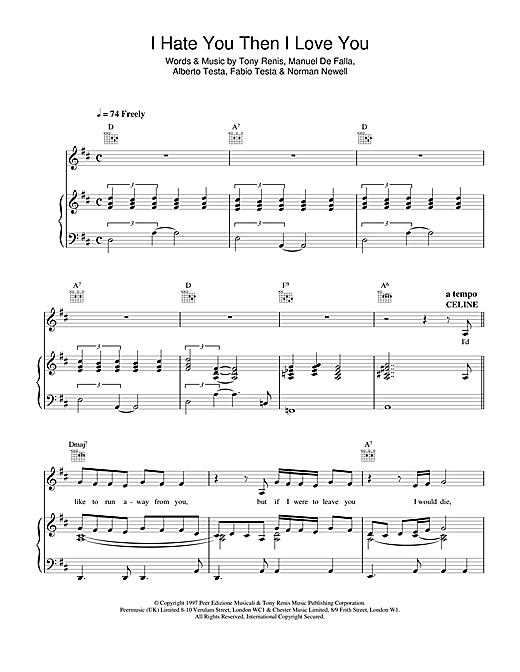 Preview Celine Dion I Hate You Then I Love You Pop sheet music, notes and chords for Piano, Vocal & Guitar (Right-Hand Melody), SKU: 14556 sheet music, piano notes, chords, guitar tabs, score, transpose, transcribe, how to play, guide, download, learn, tutorial, progression, song, artist, awards, billboard, mtv, vh1, tour, single, album, release