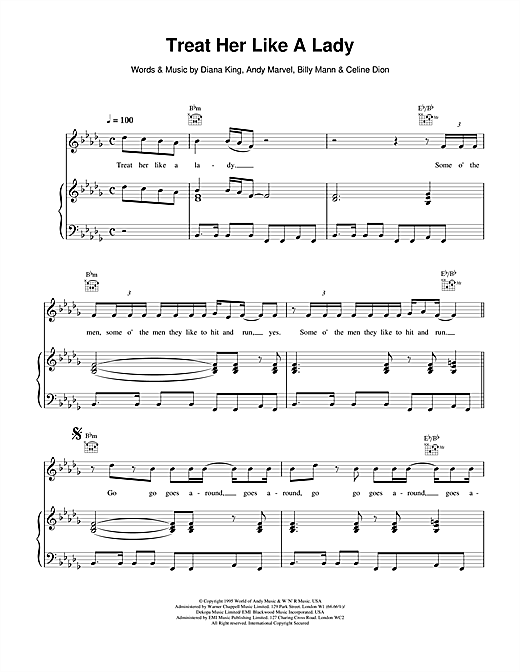 Preview Celine Dion Treat Her Like A Lady Pop sheet music, notes and chords for Piano, Vocal & Guitar (Right-Hand Melody), SKU: 14575 sheet music, piano notes, chords, guitar tabs, score, transpose, transcribe, how to play, guide, download, learn, tutorial, progression, song, artist, awards, billboard, mtv, vh1, tour, single, album, release