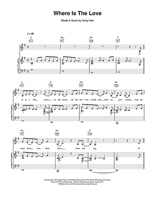 Preview Celine Dion Where Is The Love Pop sheet music, notes and chords for Piano, Vocal & Guitar (Right-Hand Melody), SKU: 14580 sheet music, piano notes, chords, guitar tabs, score, transpose, transcribe, how to play, guide, download, learn, tutorial, progression, song, artist, awards, billboard, mtv, vh1, tour, single, album, release