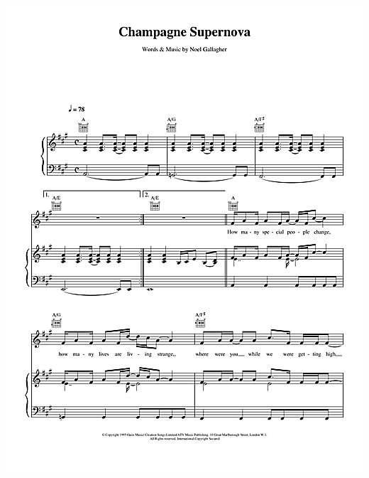 Preview Oasis Champagne Supernova Pop sheet music, notes and chords for Piano, Vocal & Guitar (Right-Hand Melody), SKU: 14582 sheet music, piano notes, chords, guitar tabs, score, transpose, transcribe, how to play, guide, download, learn, tutorial, progression, song, artist, awards, billboard, mtv, vh1, tour, single, album, release