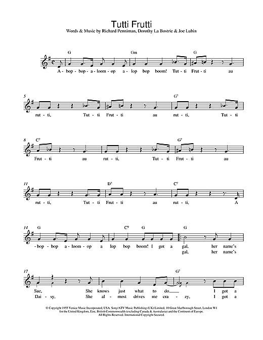Preview Chuck Berry Tutti Frutti Pop sheet music, notes and chords for Melody Line, Lyrics & Chords, SKU: 14583 sheet music, piano notes, chords, guitar tabs, score, transpose, transcribe, how to play, guide, download, learn, tutorial, progression, song, artist, awards, billboard, mtv, vh1, tour, single, album, release