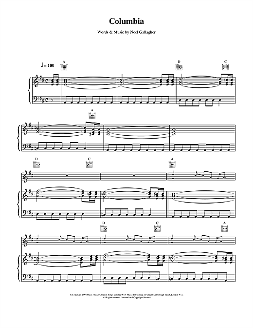Preview Oasis Columbia Pop sheet music, notes and chords for Piano, Vocal & Guitar (Right-Hand Melody), SKU: 14586 sheet music, piano notes, chords, guitar tabs, score, transpose, transcribe, how to play, guide, download, learn, tutorial, progression, song, artist, awards, billboard, mtv, vh1, tour, single, album, release