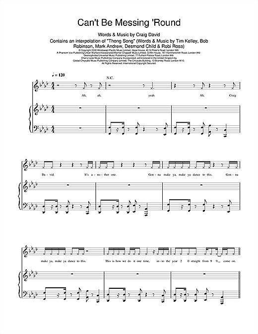 Preview Craig David Can't Be Messing 'Round R & B sheet music, notes and chords for Piano, Vocal & Guitar, SKU: 14589 sheet music, piano notes, chords, guitar tabs, score, transpose, transcribe, how to play, guide, download, learn, tutorial, progression, song, artist, awards, billboard, mtv, vh1, tour, single, album, release