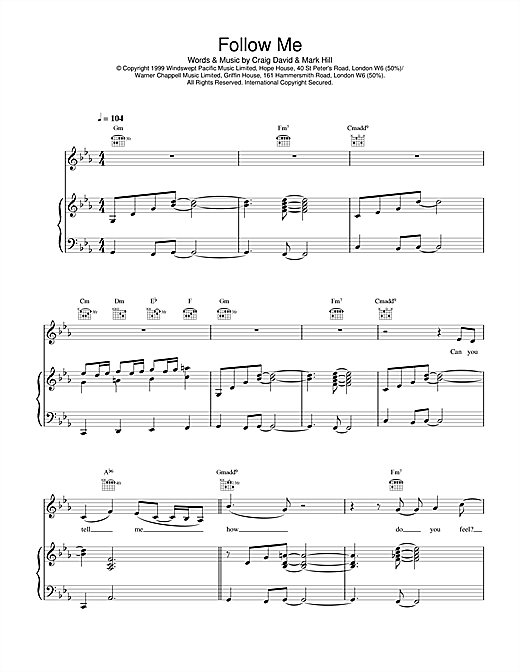 Preview Craig David Follow Me R & B sheet music, notes and chords for Piano, Vocal & Guitar, SKU: 14591 Follow Me sheet music