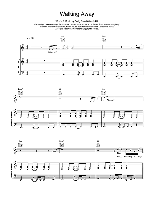 Preview Craig David Walking Away R & B sheet music, notes and chords for Piano, Vocal & Guitar, SKU: 14597 sheet music, piano notes, chords, guitar tabs, score, transpose, transcribe, how to play, guide, download, learn, tutorial, progression, song, artist, awards, billboard, mtv, vh1, tour, single, album, release