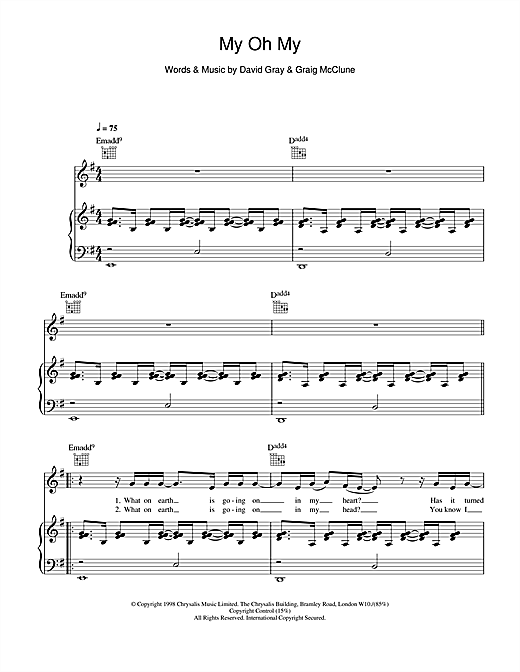 Preview David Gray My Oh My Pop sheet music, notes and chords for Piano, Vocal & Guitar (Right-Hand Melody), SKU: 14600 sheet music, piano notes, chords, guitar tabs, score, transpose, transcribe, how to play, guide, download, learn, tutorial, progression, song, artist, awards, billboard, mtv, vh1, tour, single, album, release