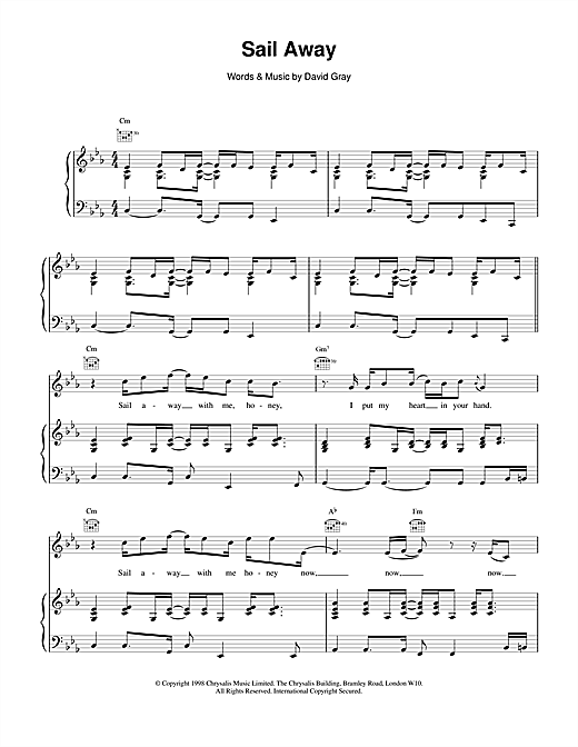 Preview David Gray Sail Away Pop sheet music, notes and chords for Piano, Vocal & Guitar, SKU: 14603 sheet music, piano notes, chords, guitar tabs, score, transpose, transcribe, how to play, guide, download, learn, tutorial, progression, song, artist, awards, billboard, mtv, vh1, tour, single, album, release