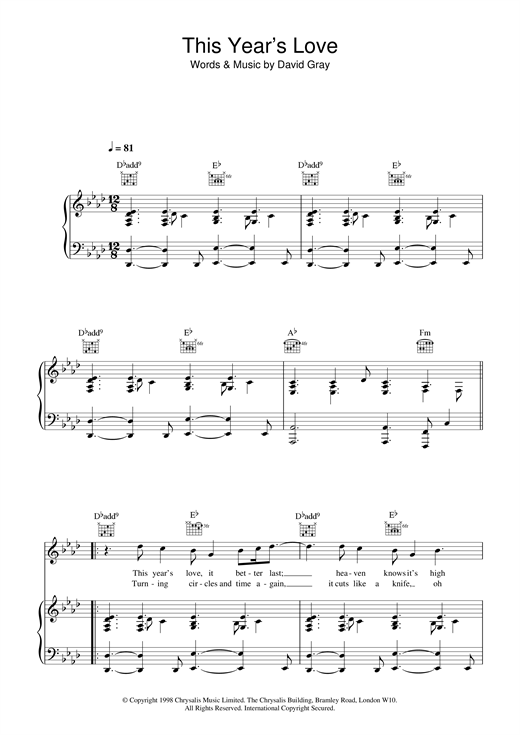 Preview David Gray This Year's Love Film and TV sheet music, notes and chords for Piano, Vocal & Guitar, SKU: 14606 sheet music, piano notes, chords, guitar tabs, score, transpose, transcribe, how to play, guide, download, learn, tutorial, progression, song, artist, awards, billboard, mtv, vh1, tour, single, album, release