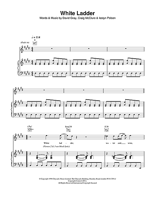 Preview David Gray White Ladder Pop sheet music, notes and chords for Piano, Vocal & Guitar, SKU: 14608 sheet music, piano notes, chords, guitar tabs, score, transpose, transcribe, how to play, guide, download, learn, tutorial, progression, song, artist, awards, billboard, mtv, vh1, tour, single, album, release