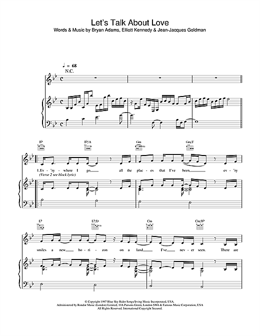 Preview Celine Dion Let's Talk About Love Pop sheet music, notes and chords for Piano, Vocal & Guitar (Right-Hand Melody), SKU: 14648 sheet music, piano notes, chords, guitar tabs, score, transpose, transcribe, how to play, guide, download, learn, tutorial, progression, song, artist, awards, billboard, mtv, vh1, tour, single, album, release