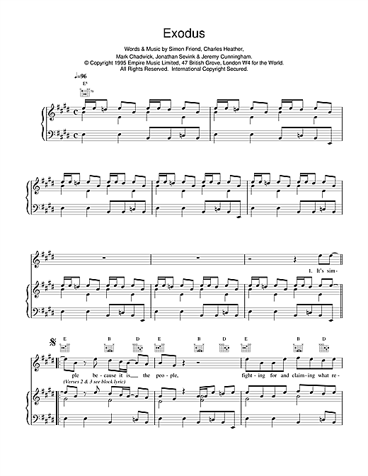 Preview The Levellers Exodus Pop sheet music, notes and chords for Piano, Vocal & Guitar (Right-Hand Melody), SKU: 14650 sheet music, piano notes, chords, guitar tabs, score, transpose, transcribe, how to play, guide, download, learn, tutorial, progression, song, artist, awards, billboard, mtv, vh1, tour, single, album, release
