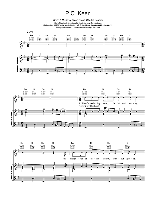 Preview The Levellers P.C. Keen Pop sheet music, notes and chords for Piano, Vocal & Guitar (Right-Hand Melody), SKU: 14659 sheet music, piano notes, chords, guitar tabs, score, transpose, transcribe, how to play, guide, download, learn, tutorial, progression, song, artist, awards, billboard, mtv, vh1, tour, single, album, release