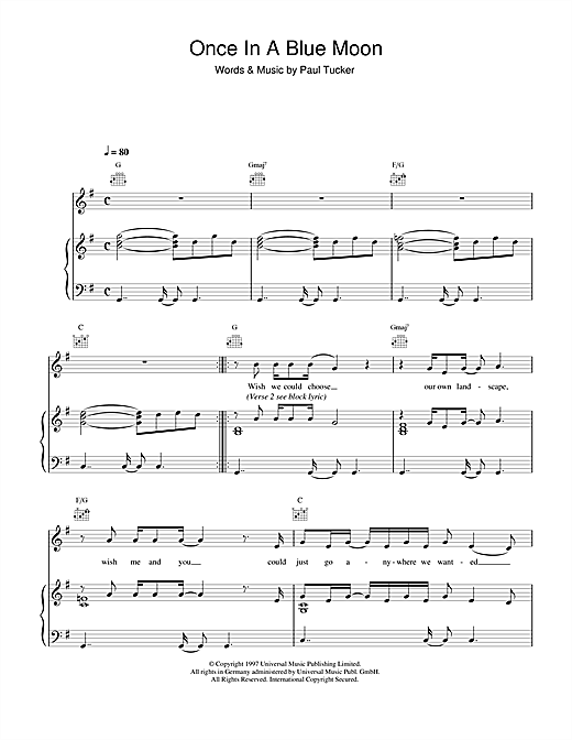 Preview Lighthouse Family Once In A Blue Moon Rock sheet music, notes and chords for Piano, Vocal & Guitar (Right-Hand Melody), SKU: 14664 sheet music, piano notes, chords, guitar tabs, score, transpose, transcribe, how to play, guide, download, learn, tutorial, progression, song, artist, awards, billboard, mtv, vh1, tour, single, album, release