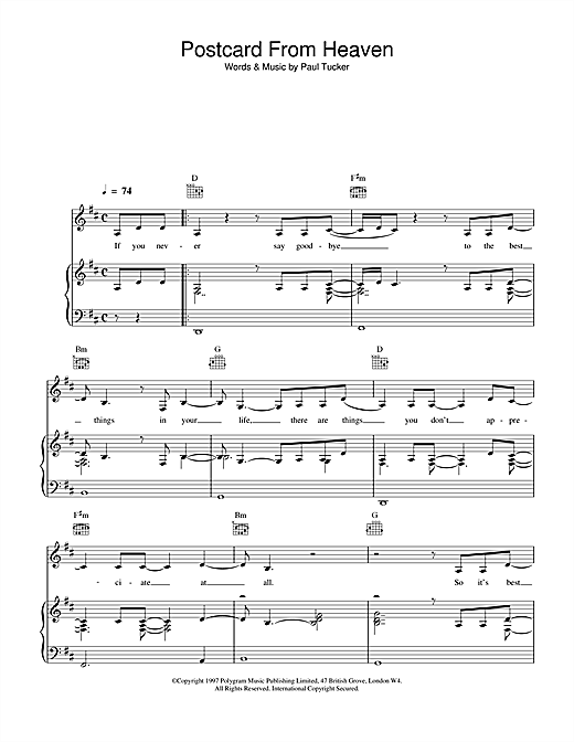 Preview Lighthouse Family Postcard From Heaven Rock sheet music, notes and chords for Piano, Vocal & Guitar (Right-Hand Melody), SKU: 14665 Postcard From Heaven sheet music