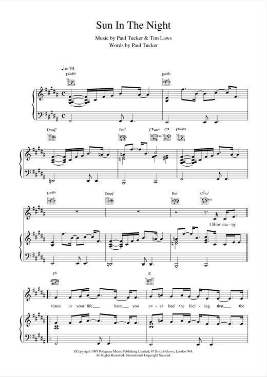 Preview The Lighthouse Family Sun In The Night Pop sheet music, notes and chords for Piano, Vocal & Guitar (Right-Hand Melody), SKU: 14669 sheet music, piano notes, chords, guitar tabs, score, transpose, transcribe, how to play, guide, download, learn, tutorial, progression, song, artist, awards, billboard, mtv, vh1, tour, single, album, release
