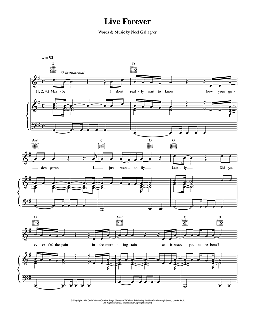 Preview Oasis Live Forever Pop sheet music, notes and chords for Piano, Vocal & Guitar (Right-Hand Melody), SKU: 14673 sheet music, piano notes, chords, guitar tabs, score, transpose, transcribe, how to play, guide, download, learn, tutorial, progression, song, artist, awards, billboard, mtv, vh1, tour, single, album, release