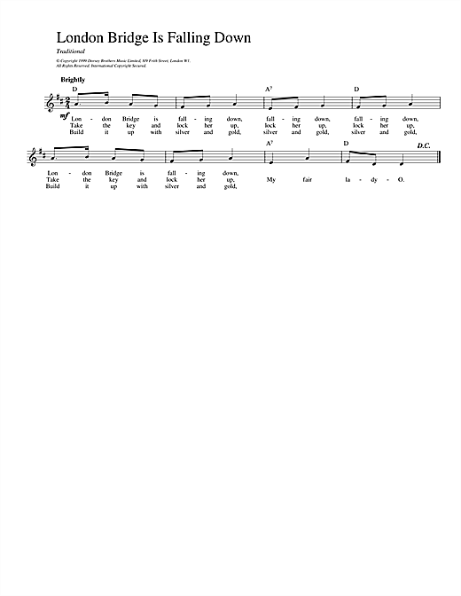 Preview Traditional London Bridge Folk sheet music, notes and chords for Melody Line, Lyrics & Chords, SKU: 14674 sheet music, piano notes, chords, guitar tabs, score, transpose, transcribe, how to play, guide, download, learn, tutorial, progression, song, artist, awards, billboard, mtv, vh1, tour, single, album, release