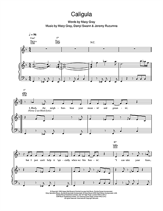 Preview Macy Gray Caligula R & B sheet music, notes and chords for Piano, Vocal & Guitar, SKU: 14679 sheet music, piano notes, chords, guitar tabs, score, transpose, transcribe, how to play, guide, download, learn, tutorial, progression, song, artist, awards, billboard, mtv, vh1, tour, single, album, release
