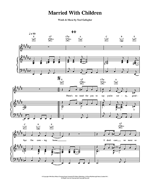 Preview Oasis Married With Children Pop sheet music, notes and chords for Piano, Vocal & Guitar (Right-Hand Melody), SKU: 14690 sheet music, piano notes, chords, guitar tabs, score, transpose, transcribe, how to play, guide, download, learn, tutorial, progression, song, artist, awards, billboard, mtv, vh1, tour, single, album, release
