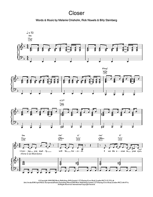 Preview Melanie C Closer Pop sheet music, notes and chords for Piano, Vocal & Guitar, SKU: 14694 sheet music, piano notes, chords, guitar tabs, score, transpose, transcribe, how to play, guide, download, learn, tutorial, progression, song, artist, awards, billboard, mtv, vh1, tour, single, album, release