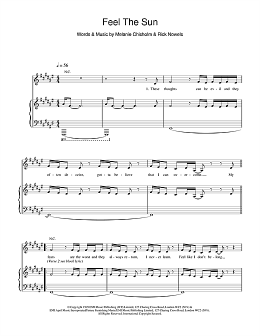 Preview Melanie C Feel The Sun Pop sheet music, notes and chords for Piano, Vocal & Guitar, SKU: 14695 sheet music, piano notes, chords, guitar tabs, score, transpose, transcribe, how to play, guide, download, learn, tutorial, progression, song, artist, awards, billboard, mtv, vh1, tour, single, album, release