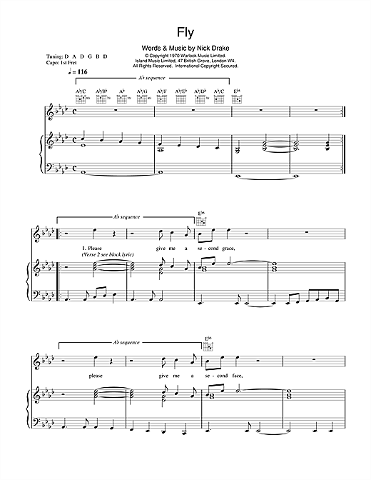 Preview Nick Drake Fly Rock sheet music, notes and chords for Piano, Vocal & Guitar (Right-Hand Melody), SKU: 14723 sheet music, piano notes, chords, guitar tabs, score, transpose, transcribe, how to play, guide, download, learn, tutorial, progression, song, artist, awards, billboard, mtv, vh1, tour, single, album, release