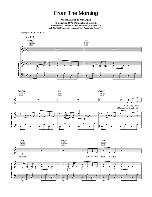 Preview Nick Drake From The Morning Rock sheet music, notes and chords for Piano, Vocal & Guitar (Right-Hand Melody), SKU: 14724 sheet music, piano notes, chords, guitar tabs, score, transpose, transcribe, how to play, guide, download, learn, tutorial, progression, song, artist, awards, billboard, mtv, vh1, tour, single, album, release