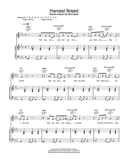 Preview Nick Drake Harvest Breed Rock sheet music, notes and chords for Piano, Vocal & Guitar, SKU: 14727 sheet music, piano notes, chords, guitar tabs, score, transpose, transcribe, how to play, guide, download, learn, tutorial, progression, song, artist, awards, billboard, mtv, vh1, tour, single, album, release