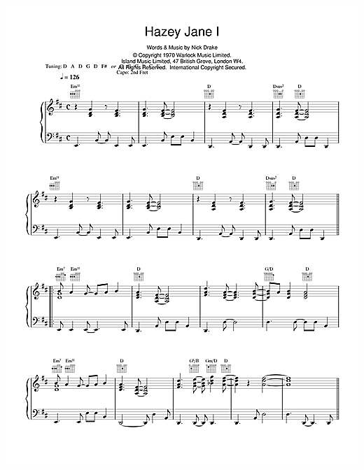 Preview Nick Drake Hazey Jane I Rock sheet music, notes and chords for Piano, Vocal & Guitar (Right-Hand Melody), SKU: 14728 sheet music, piano notes, chords, guitar tabs, score, transpose, transcribe, how to play, guide, download, learn, tutorial, progression, song, artist, awards, billboard, mtv, vh1, tour, single, album, release