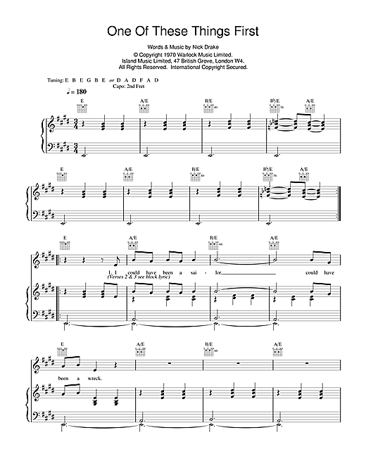 Preview Nick Drake One Of These Things First Rock sheet music, notes and chords for Piano, Vocal & Guitar (Right-Hand Melody), SKU: 14735 sheet music, piano notes, chords, guitar tabs, score, transpose, transcribe, how to play, guide, download, learn, tutorial, progression, song, artist, awards, billboard, mtv, vh1, tour, single, album, release