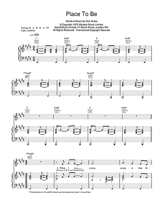 Preview Nick Drake Place To Be Rock sheet music, notes and chords for Piano, Vocal & Guitar (Right-Hand Melody), SKU: 14738 sheet music, piano notes, chords, guitar tabs, score, transpose, transcribe, how to play, guide, download, learn, tutorial, progression, song, artist, awards, billboard, mtv, vh1, tour, single, album, release