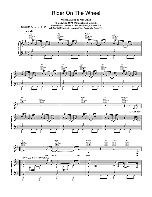 Preview Nick Drake Rider On The Wheel Rock sheet music, notes and chords for Piano, Vocal & Guitar (Right-Hand Melody), SKU: 14740 sheet music, piano notes, chords, guitar tabs, score, transpose, transcribe, how to play, guide, download, learn, tutorial, progression, song, artist, awards, billboard, mtv, vh1, tour, single, album, release