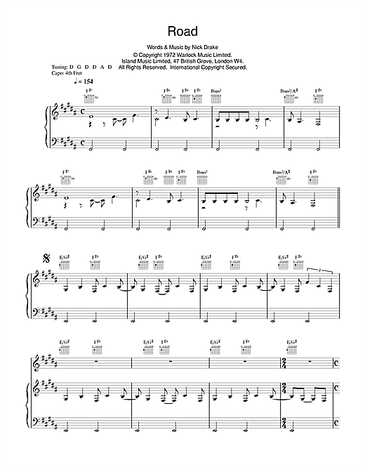Preview Nick Drake Road Rock sheet music, notes and chords for Piano, Vocal & Guitar (Right-Hand Melody), SKU: 14742 sheet music, piano notes, chords, guitar tabs, score, transpose, transcribe, how to play, guide, download, learn, tutorial, progression, song, artist, awards, billboard, mtv, vh1, tour, single, album, release