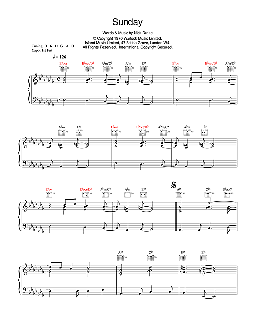 Preview Nick Drake Sunday Rock sheet music, notes and chords for Piano, SKU: 14744 sheet music, piano notes, chords, guitar tabs, score, transpose, transcribe, how to play, guide, download, learn, tutorial, progression, song, artist, awards, billboard, mtv, vh1, tour, single, album, release