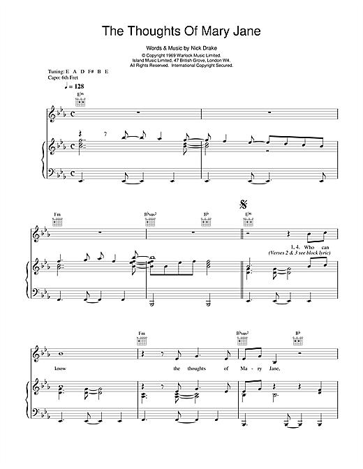 Preview Nick Drake The Thoughts Of Mary Jane Rock sheet music, notes and chords for Piano, Vocal & Guitar (Right-Hand Melody), SKU: 14745 sheet music, piano notes, chords, guitar tabs, score, transpose, transcribe, how to play, guide, download, learn, tutorial, progression, song, artist, awards, billboard, mtv, vh1, tour, single, album, release