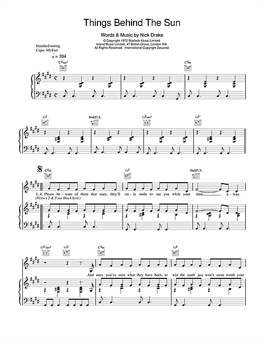Preview Nick Drake Things Behind The Sun Rock sheet music, notes and chords for Piano, Vocal & Guitar (Right-Hand Melody), SKU: 14746 sheet music, piano notes, chords, guitar tabs, score, transpose, transcribe, how to play, guide, download, learn, tutorial, progression, song, artist, awards, billboard, mtv, vh1, tour, single, album, release