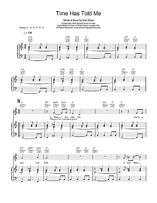 Preview Nick Drake Time Has Told Me Rock sheet music, notes and chords for Piano, Vocal & Guitar, SKU: 14748 sheet music, piano notes, chords, guitar tabs, score, transpose, transcribe, how to play, guide, download, learn, tutorial, progression, song, artist, awards, billboard, mtv, vh1, tour, single, album, release