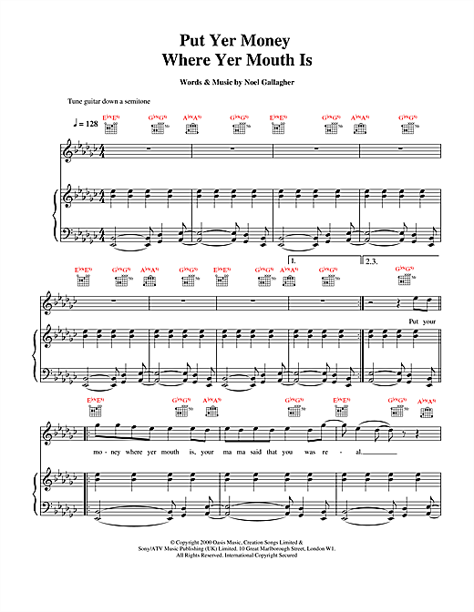 Preview Oasis Put Yer Money Where Yer Mouth Is Pop sheet music, notes and chords for Piano, Vocal & Guitar, SKU: 14759 sheet music, piano notes, chords, guitar tabs, score, transpose, transcribe, how to play, guide, download, learn, tutorial, progression, song, artist, awards, billboard, mtv, vh1, tour, single, album, release