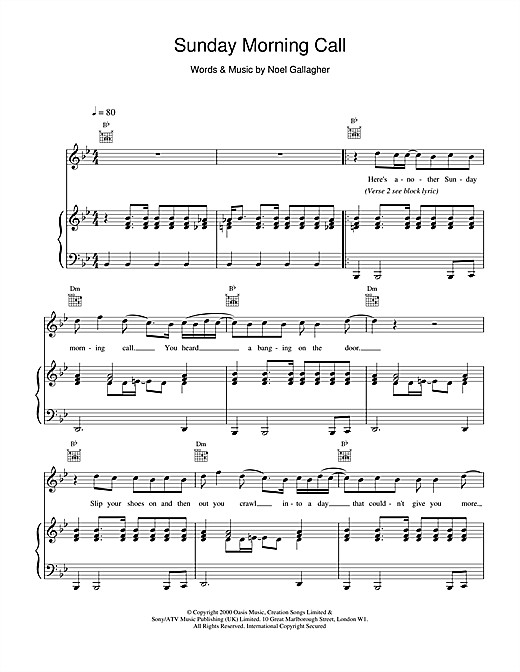 Preview Oasis Sunday Morning Call Pop sheet music, notes and chords for Piano, Vocal & Guitar, SKU: 14761 sheet music, piano notes, chords, guitar tabs, score, transpose, transcribe, how to play, guide, download, learn, tutorial, progression, song, artist, awards, billboard, mtv, vh1, tour, single, album, release