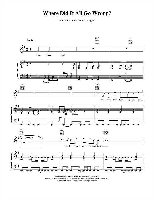 Preview Oasis Where Did It All Go Wrong? Pop sheet music, notes and chords for Piano, Vocal & Guitar, SKU: 14762 sheet music, piano notes, chords, guitar tabs, score, transpose, transcribe, how to play, guide, download, learn, tutorial, progression, song, artist, awards, billboard, mtv, vh1, tour, single, album, release
