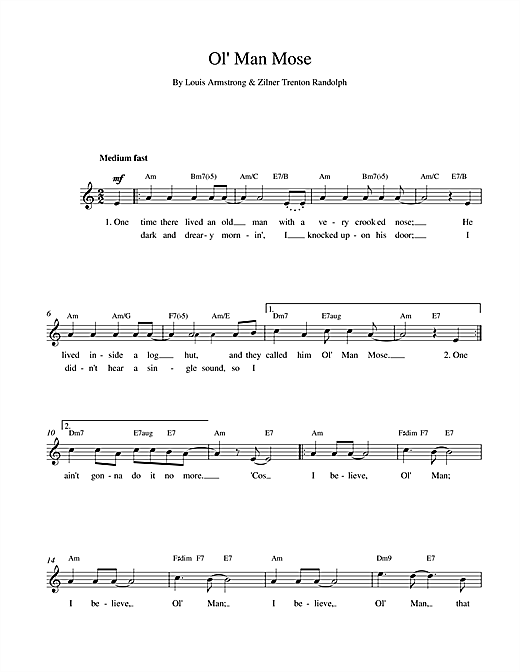 Preview Louis Armstrong Ol Man Mose Jazz sheet music, notes and chords for Melody Line, Lyrics & Chords, SKU: 14764 sheet music, piano notes, chords, guitar tabs, score, transpose, transcribe, how to play, guide, download, learn, tutorial, progression, song, artist, awards, billboard, mtv, vh1, tour, single, album, release