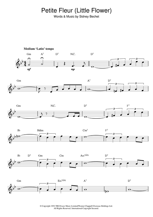 Preview Sidney Bechet Petite Fleur (Little Flower) Jazz sheet music, notes and chords for Melody Line & Chords, SKU: 14770 sheet music, piano notes, chords, guitar tabs, score, transpose, transcribe, how to play, guide, download, learn, tutorial, progression, song, artist, awards, billboard, mtv, vh1, tour, single, album, release