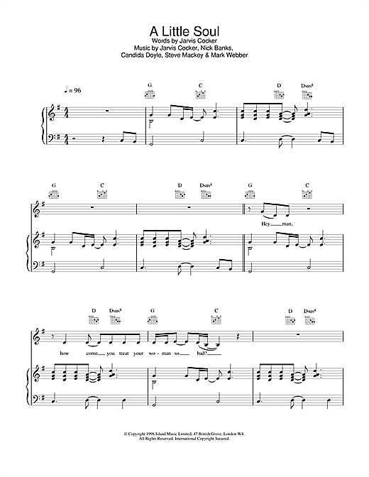 Preview Pulp A Little Soul Pop sheet music, notes and chords for Piano, Vocal & Guitar, SKU: 14773 A Little Soul sheet music