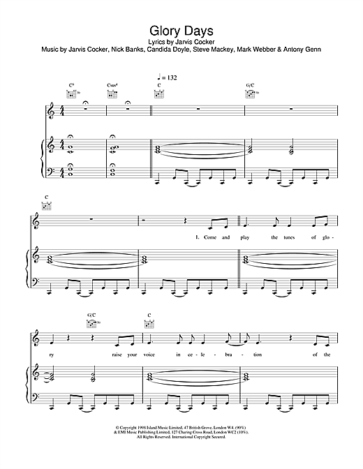 Preview Pulp Glory Days Pop sheet music, notes and chords for Piano, Vocal & Guitar, SKU: 14775 sheet music, piano notes, chords, guitar tabs, score, transpose, transcribe, how to play, guide, download, learn, tutorial, progression, song, artist, awards, billboard, mtv, vh1, tour, single, album, release