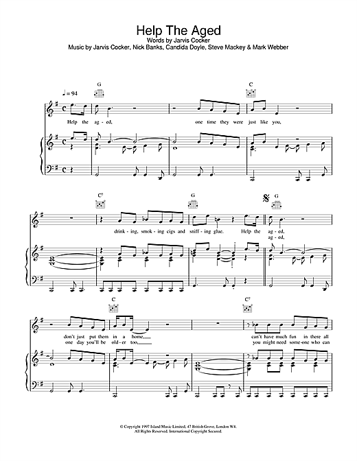 Preview Pulp Help The Aged Pop sheet music, notes and chords for Piano, Vocal & Guitar (Right-Hand Melody), SKU: 14776 Help The Aged sheet music