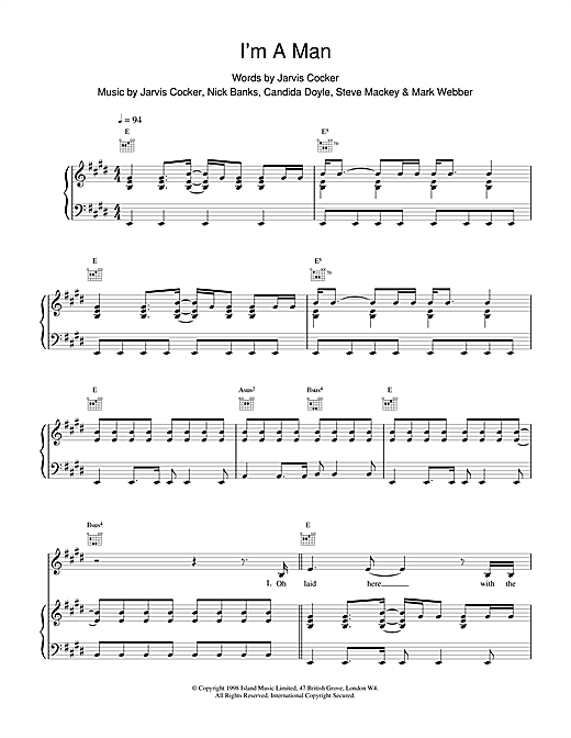 Preview Pulp I'm A Man Pop sheet music, notes and chords for Piano, Vocal & Guitar, SKU: 14777 sheet music, piano notes, chords, guitar tabs, score, transpose, transcribe, how to play, guide, download, learn, tutorial, progression, song, artist, awards, billboard, mtv, vh1, tour, single, album, release