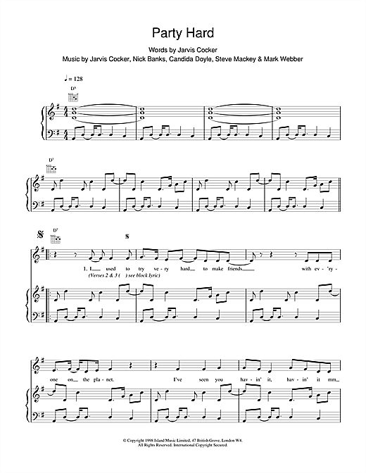 Preview Pulp Party Hard Pop sheet music, notes and chords for Piano, Vocal & Guitar, SKU: 14778 sheet music, piano notes, chords, guitar tabs, score, transpose, transcribe, how to play, guide, download, learn, tutorial, progression, song, artist, awards, billboard, mtv, vh1, tour, single, album, release
